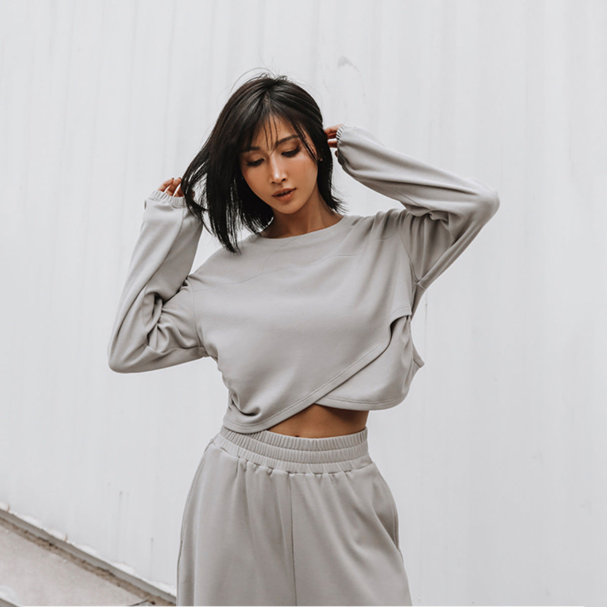 Damen lässiges Cropped Sweat-Set mit elastischem Bund und weitem Bein Stalluxe