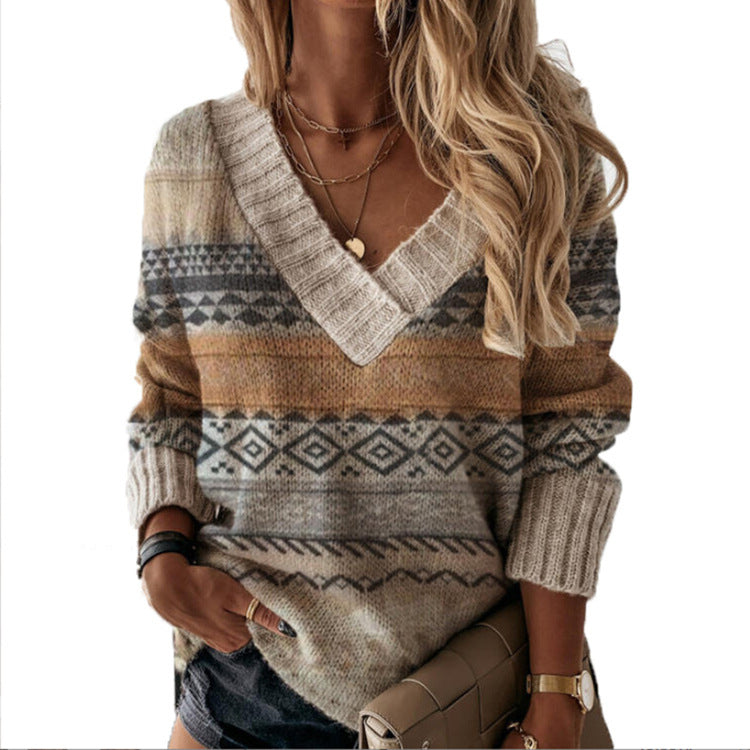 Damen Strickpullover mit modernem Grafikdesign und V-Ausschnitt Stalluxe