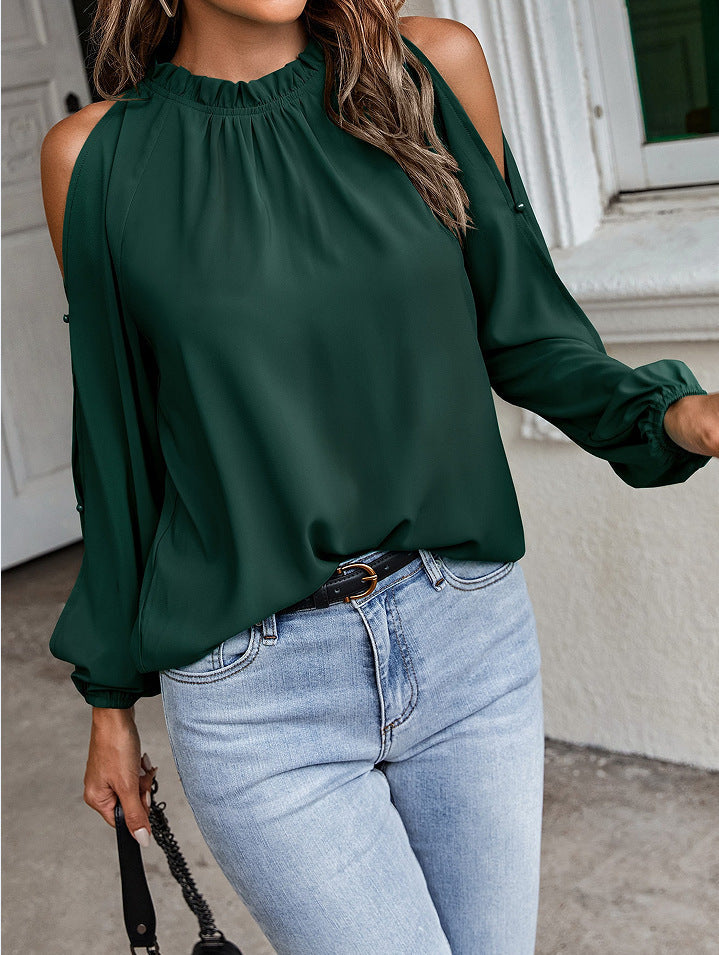 Damen Off-Shoulder Bluse mit ballonförmigen Ärmeln und Rüschenkragen Stalluxe