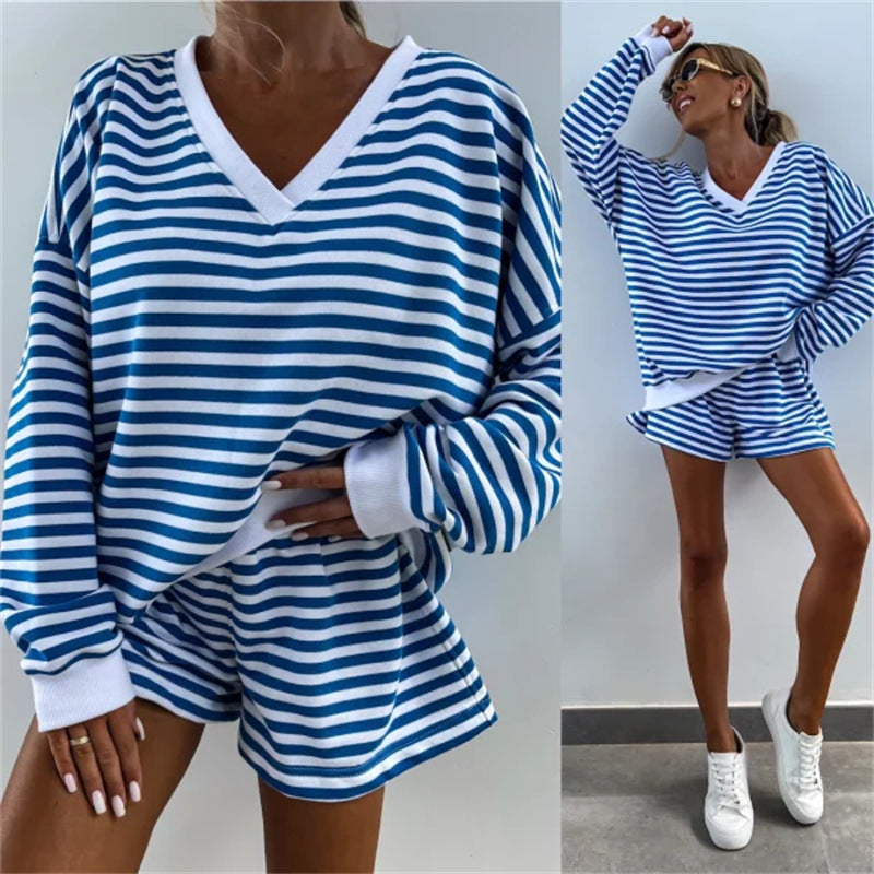 Damen lässiges V-Ausschnitt Sweatshirt und kurze Sporthosen Set Stalluxe