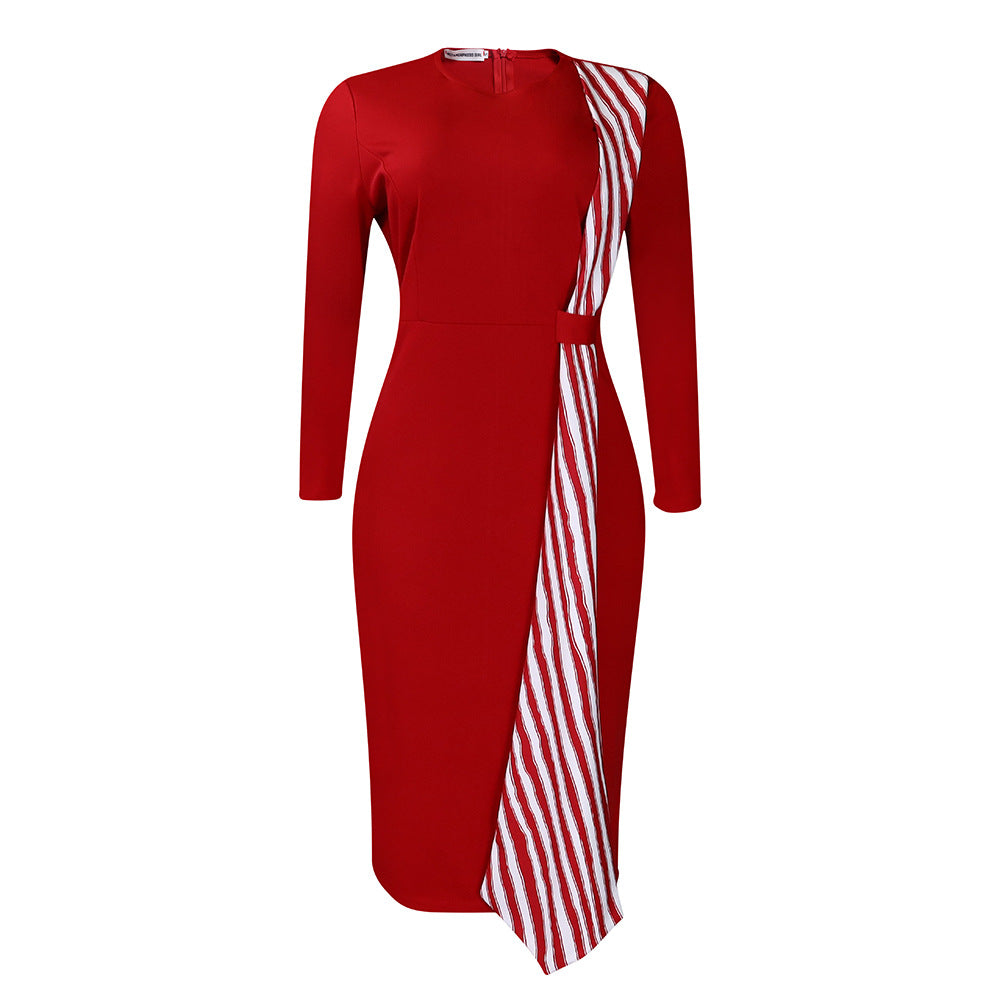 Damen elegantes Kleid mit asymmetrischem Bindegürtel und langen Ärmeln Stalluxe