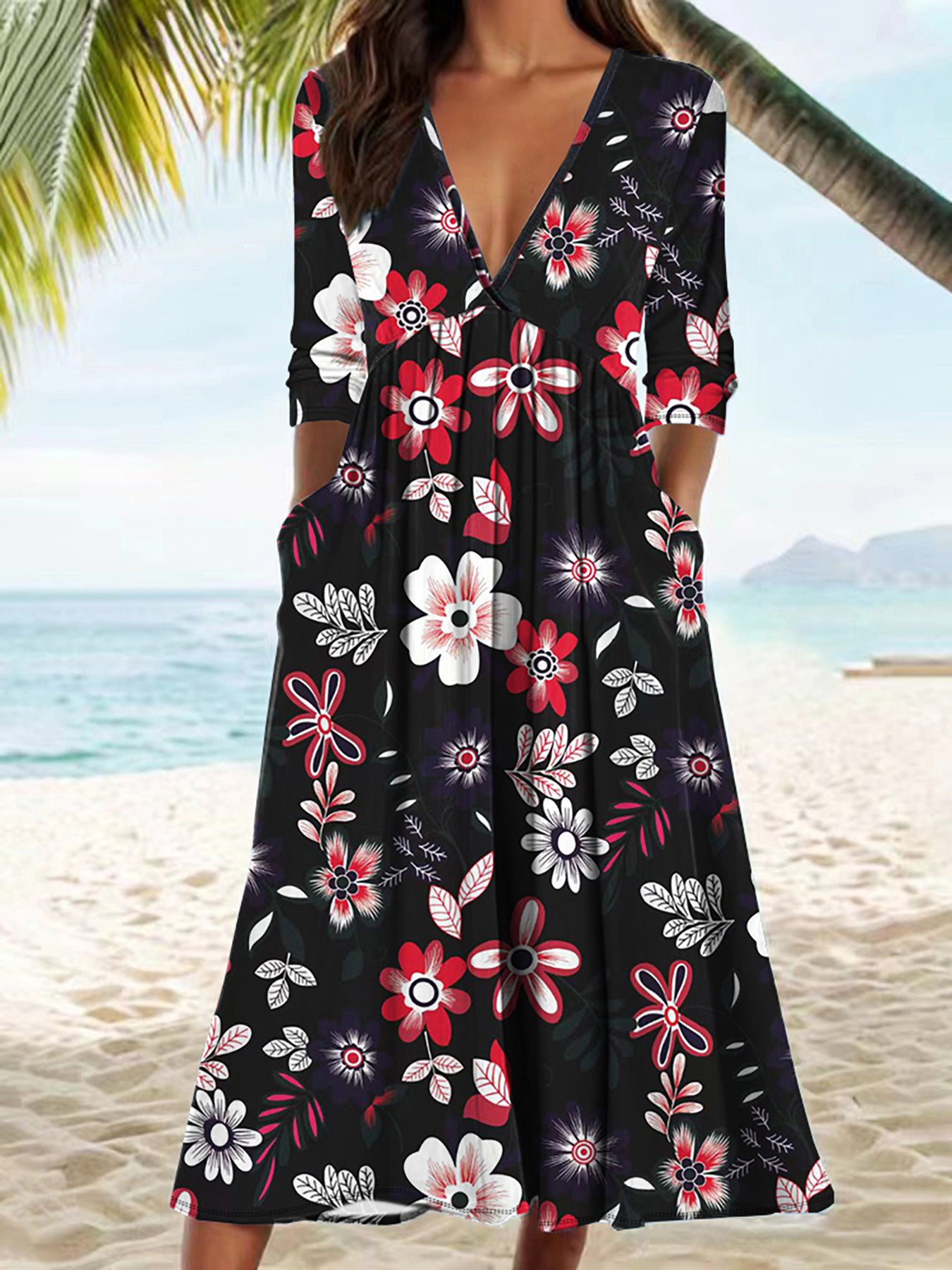 Damen Midikleid mit floralem Design und praktischen Taschen Stalluxe