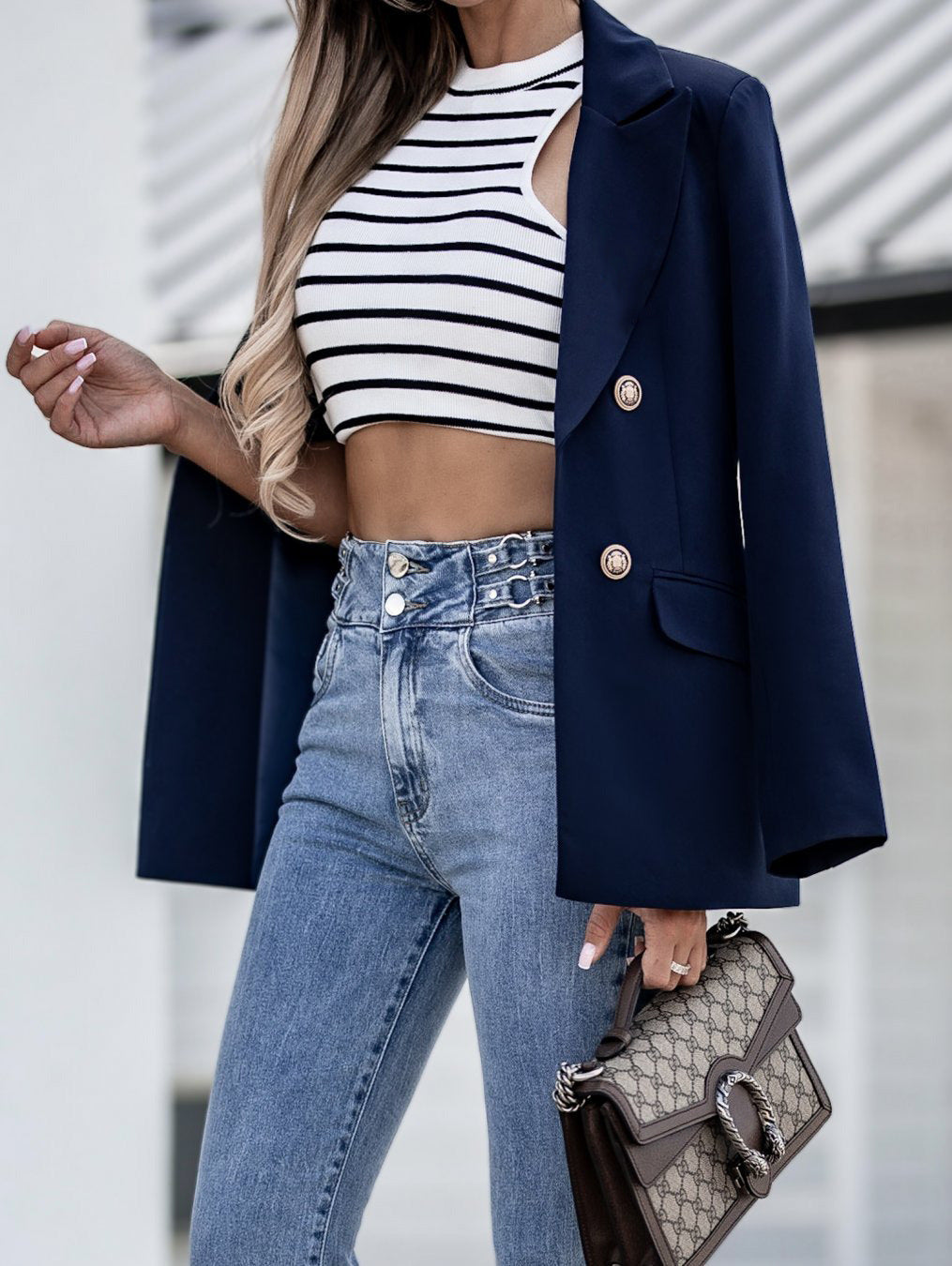 Damen elegante leichte Blazerjacke mit weiten Ärmeln und doppelter Knopfleiste Stalluxe