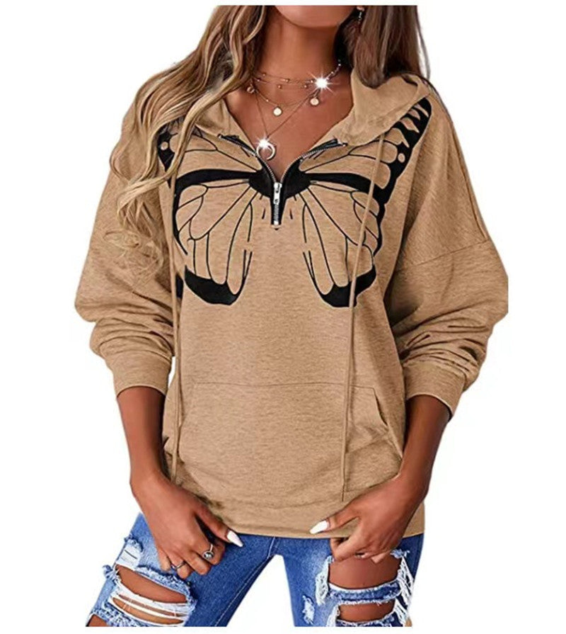 Damen lässiger Kapuzenpullover mit Schmetterlingsdruck und Halber Reißverschluss Stalluxe