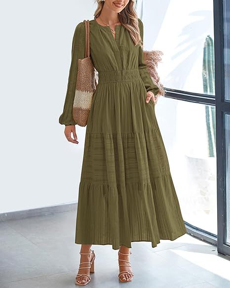 Damen Maxikleid mit eleganten Ärmeln und raffiniertem Taillengummi Stalluxe