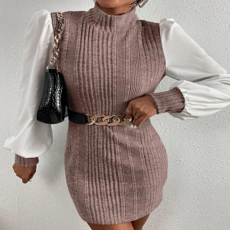 Damen Strickkleid mit eleganten Puffärmeln und Stehkragen Stalluxe