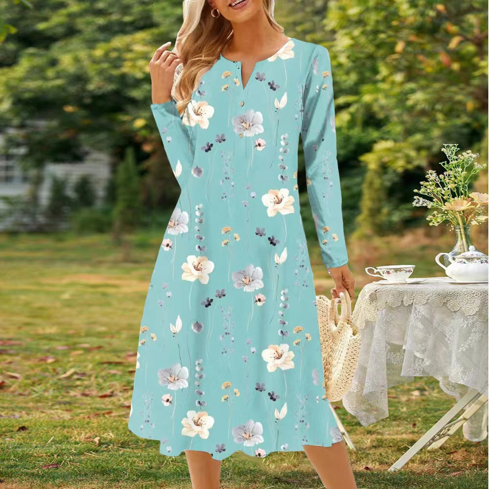 Damen Langarm Kleid mit floralem Design und durchgehender Knopfleiste Stalluxe