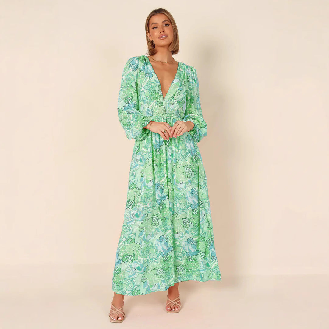 Damen Maxikleid mit tiefem V-Ausschnitt und elastischem Taillengürtel Stalluxe