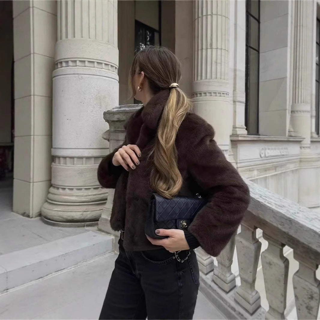 Damen Flauschige Kunstfelljacke mit elegantem Kragen und offenem Schnitt Stalluxe