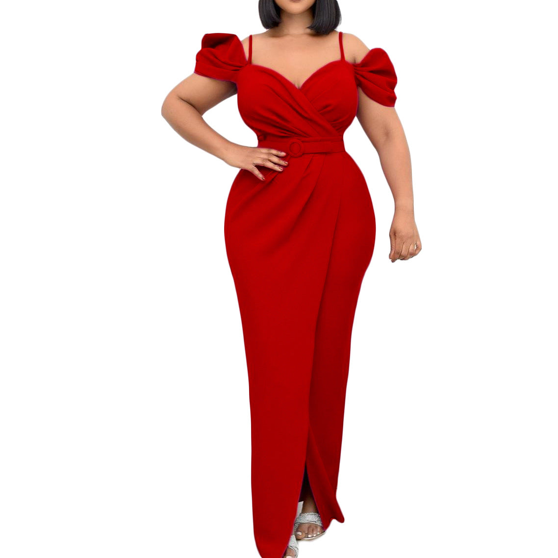 Damen Elegantes Wickelkleid mit voluminösen Puffärmeln und Gürtel Stalluxe