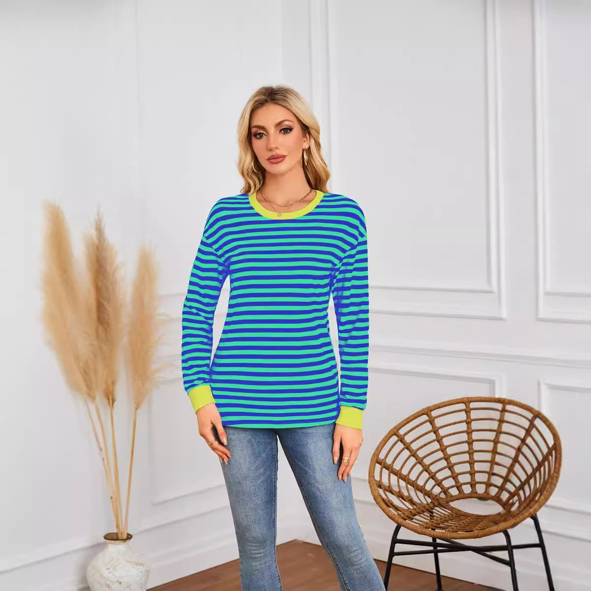 Damen gestreiftes Langarmshirt mit Rundhalsausschnitt Stalluxe