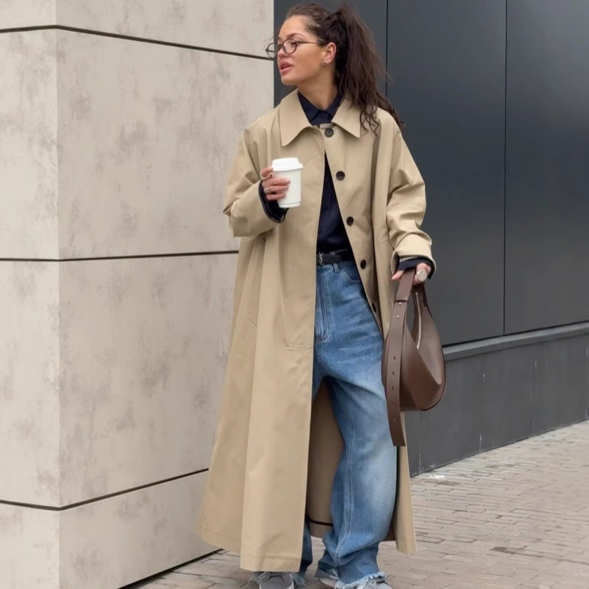 Damen Lange und elegante Trenchcoat-Jacke aus wasserabweisendem Material Stalluxe