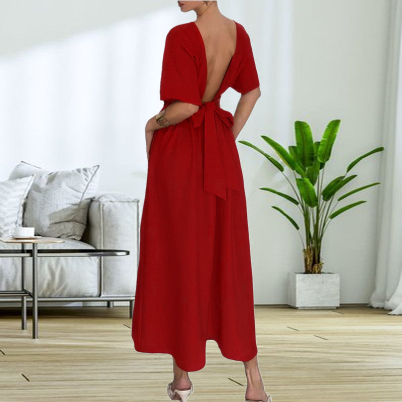 Damen Elegantessent Midi-Kleid mit tiefem Rückenausschnitt und Schleifenbändchen Stalluxe