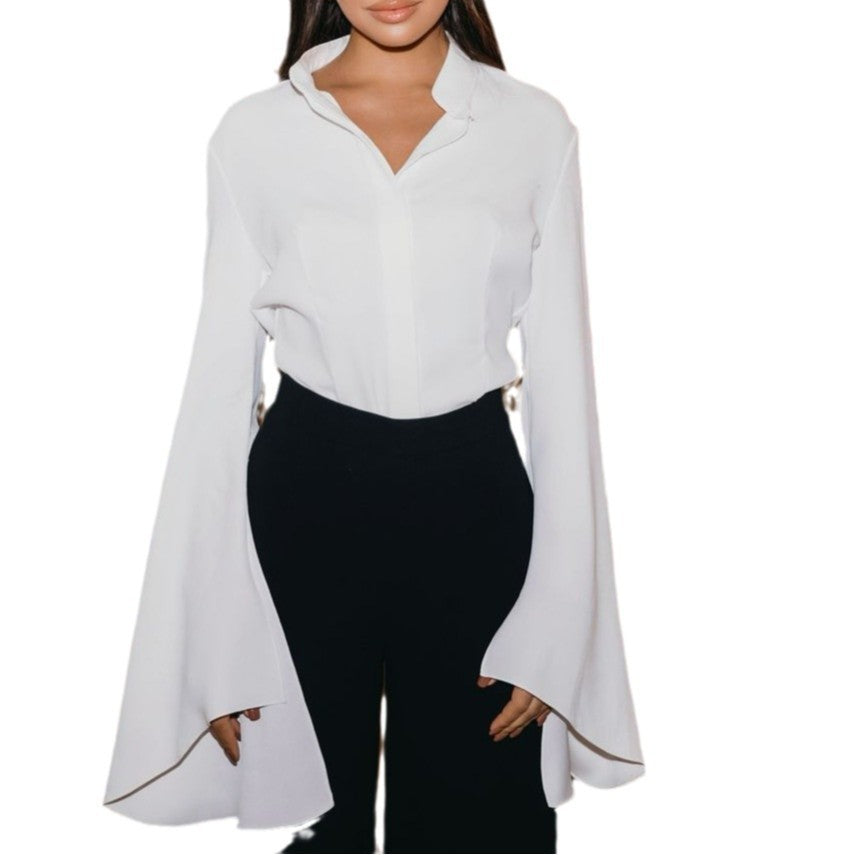 Damen elegante Bluse mit weitem Ärmel und klassischem Kragen Stalluxe