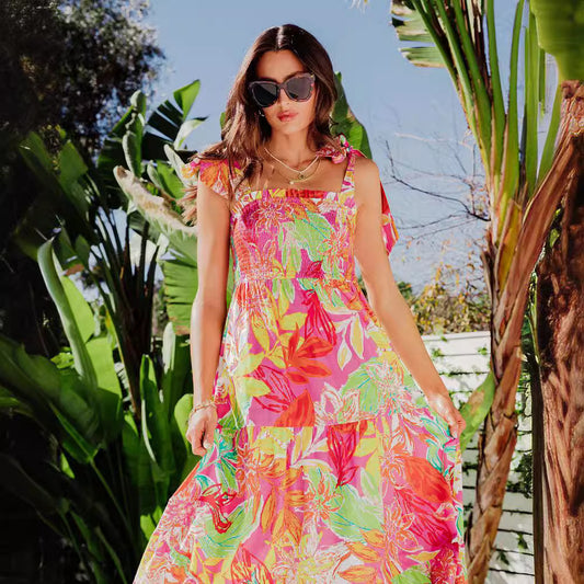 Damen Maxikleid mit tropischem Muster und verspielten Schulterbindebändern Stalluxe