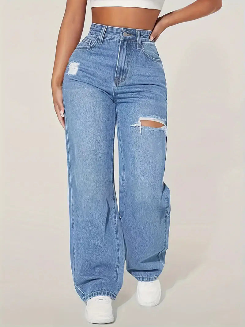 Damen weite Jeans mit modischen Rissdetails und hohem Bund Stalluxe