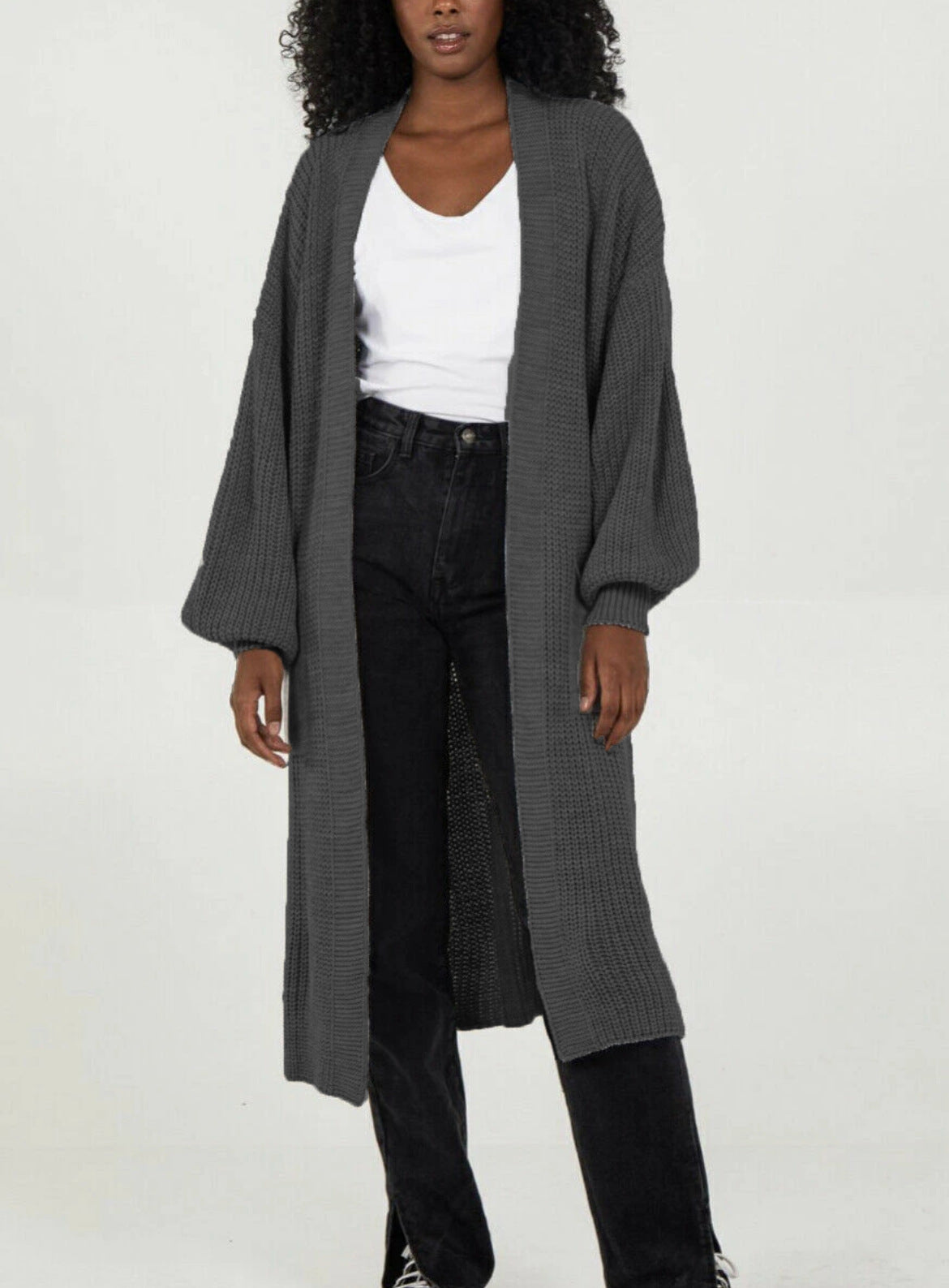 Damen Langer Strickcardigan mit voluminösen Ärmeln und offenem Schnitt Stalluxe