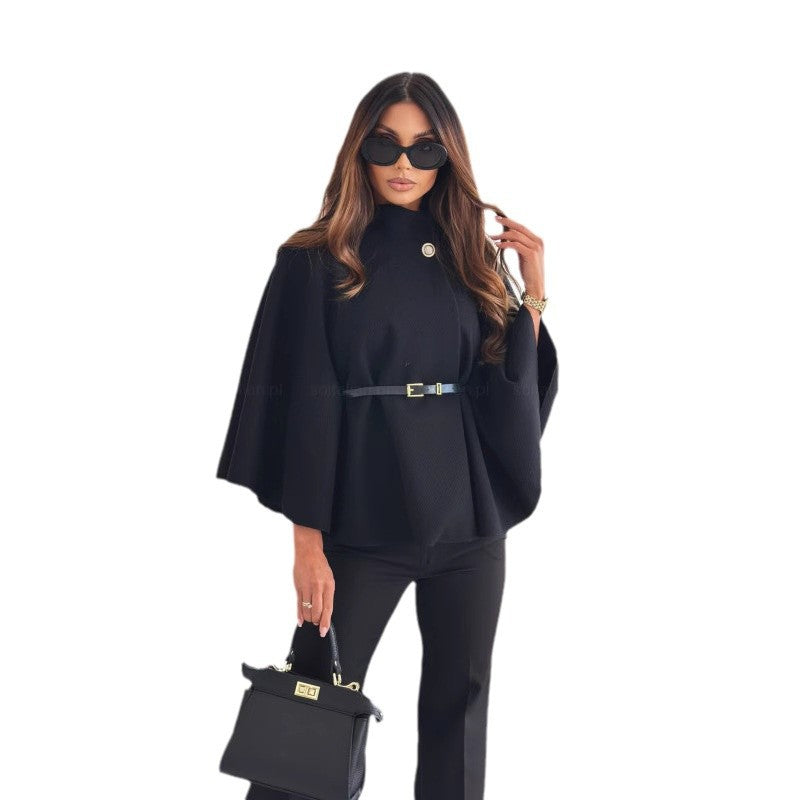 Damen elegante Poncho-Bluse mit Gürtel und modischem Revers Stalluxe