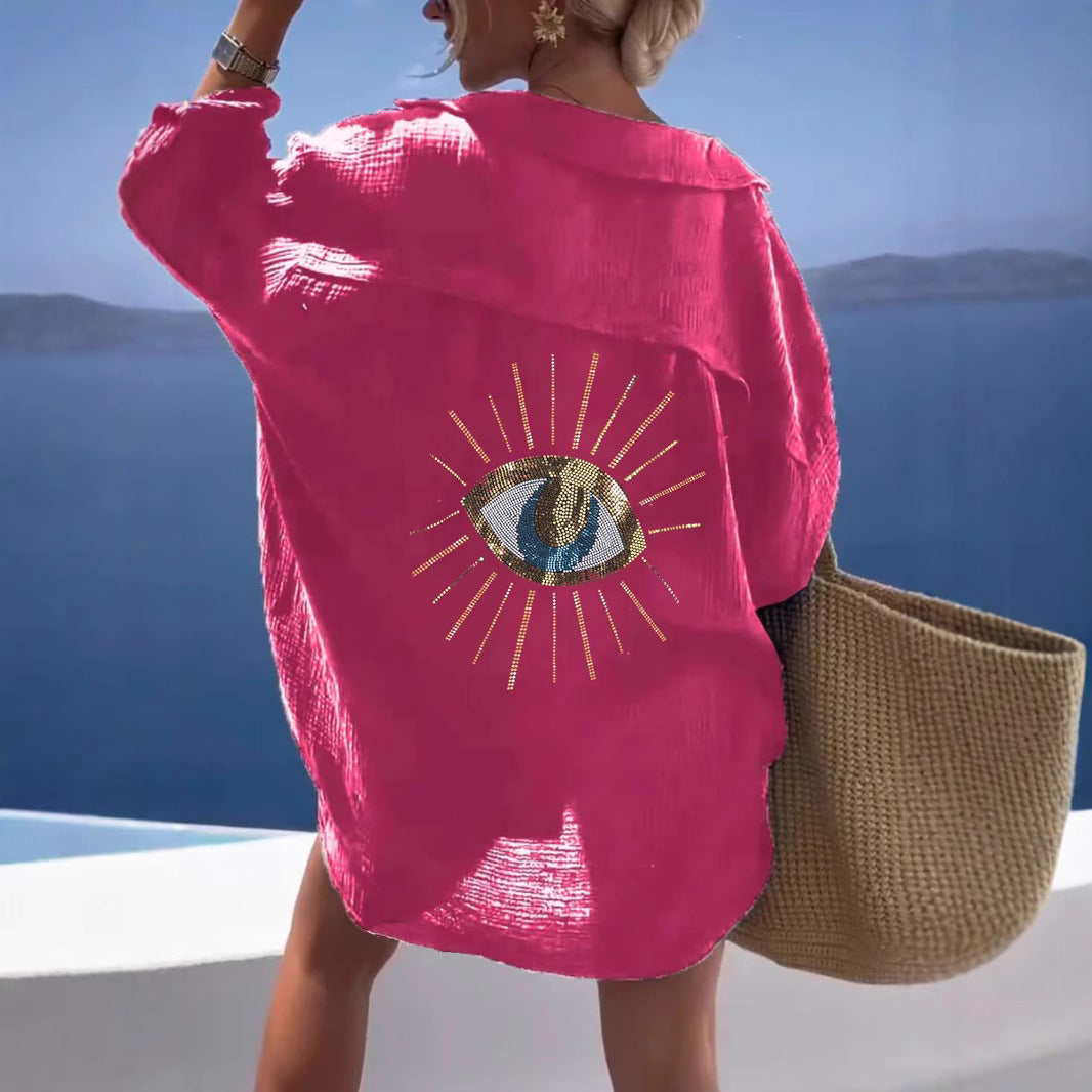 Damen Oversized Hemdbluse mit funkelndem Eye-Design Stalluxe