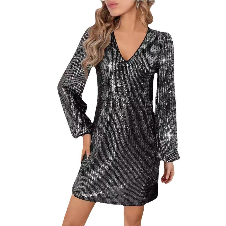 Damen Glitzerndes Minikleid mit V-Ausschnitt und langen Ärmeln Stalluxe