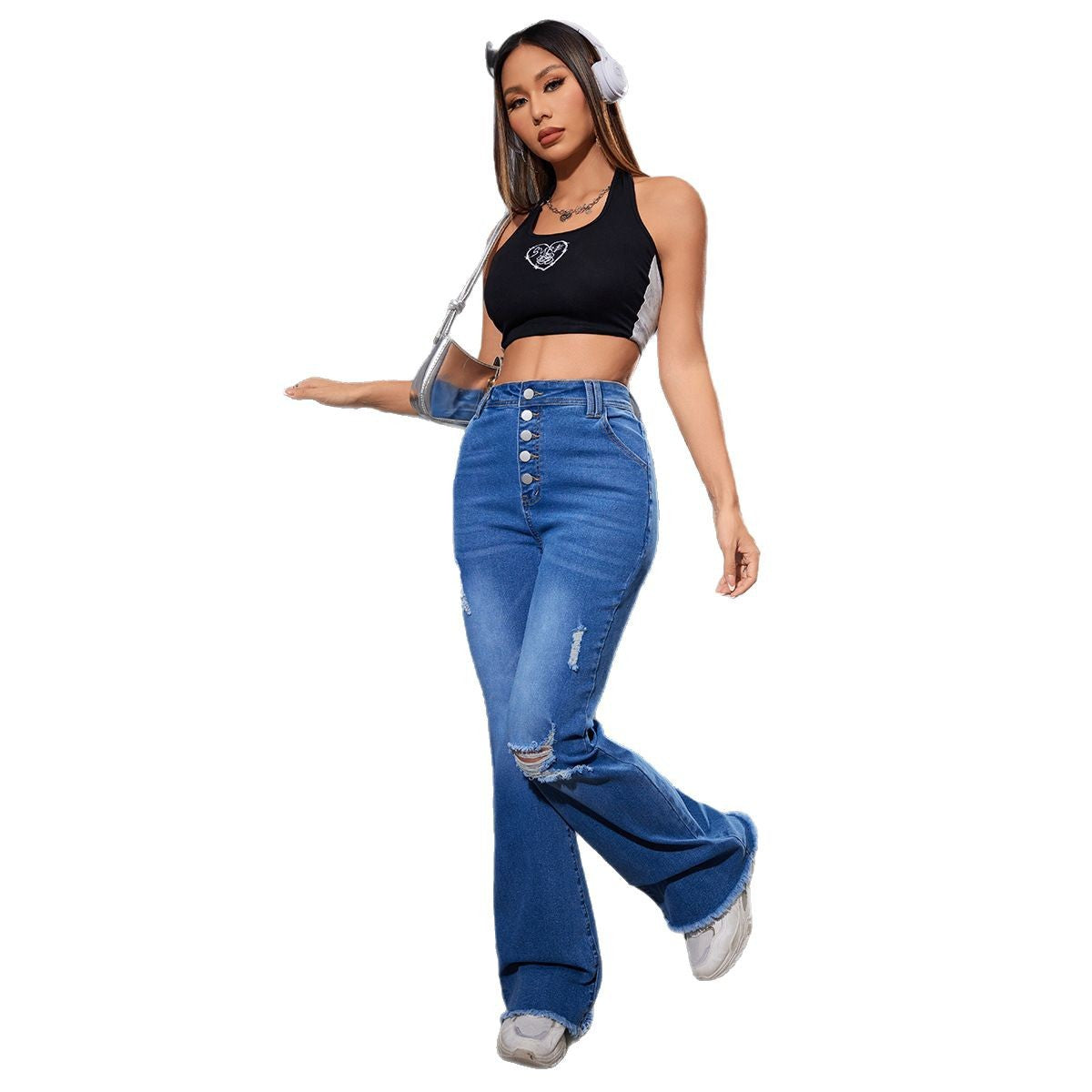 Damen Flared Jeans mit Knopfverschluss und Destroyed-Details Stalluxe