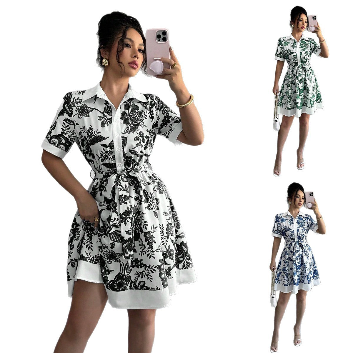 Damen Hemdblusenkleid mit floralem Muster und Taillengürtel Stalluxe
