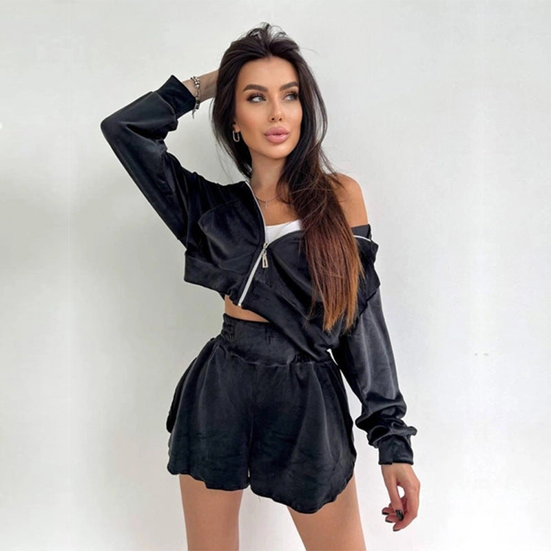 Damen sportliches Kurzarm-Trainingsset mit Kapuzenjacke und elastischen Shorts Stalluxe