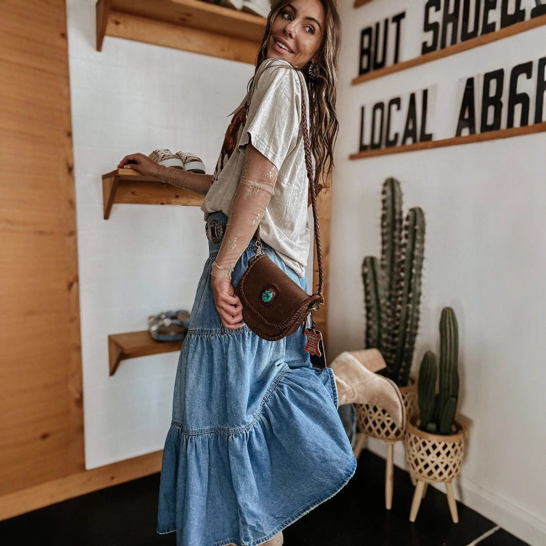 Damen Denim Maxirock mit Volant und Knopfleiste Stalluxe