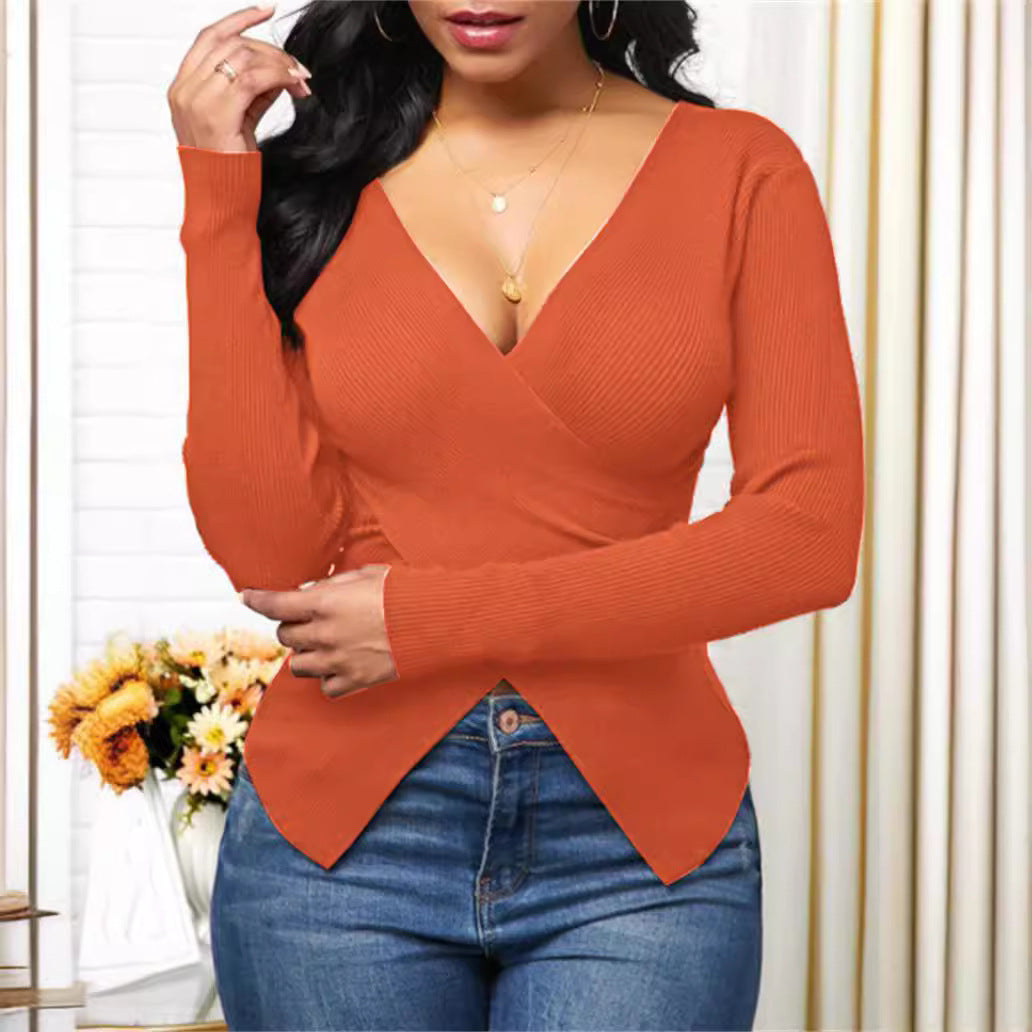Damen elegantes Wickeloberteil mit strukturiertem Rippstoff und tiefem V-Ausschnitt Stalluxe