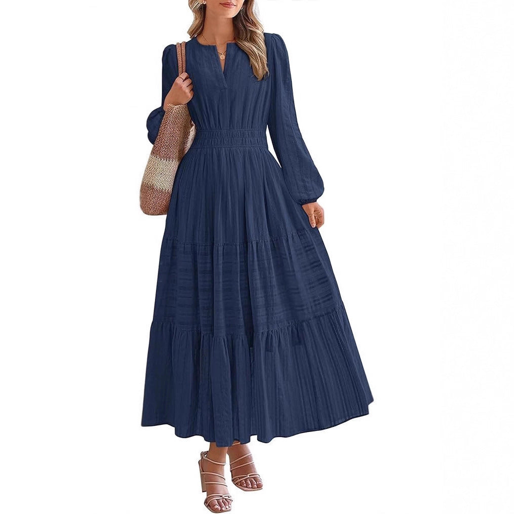 Damen Maxikleid mit langem Ärmel und Taillengürtel Stalluxe