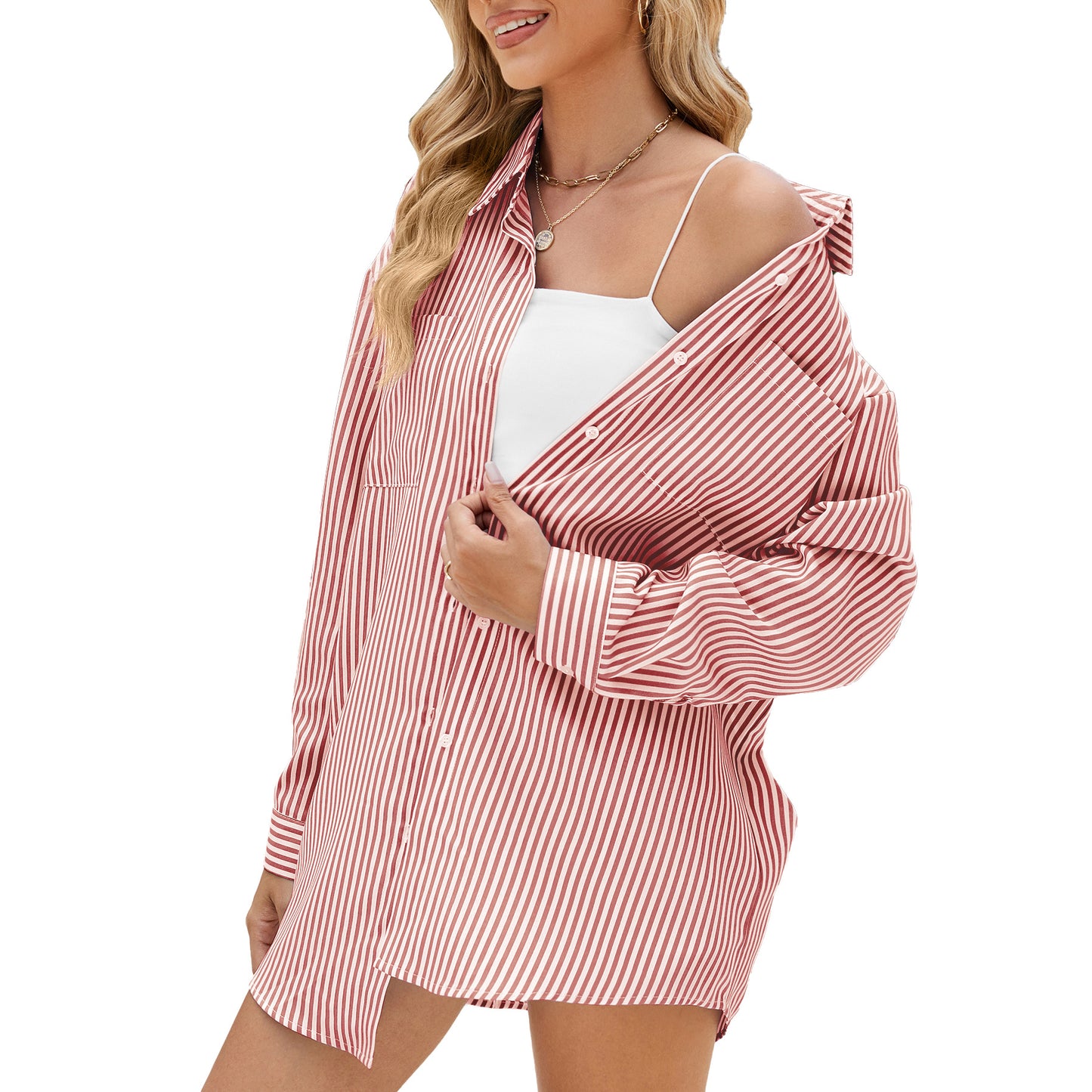 Damen lässiges Oversize-Hemd mit feinem Streifenmuster und Knopfdetails Stalluxe