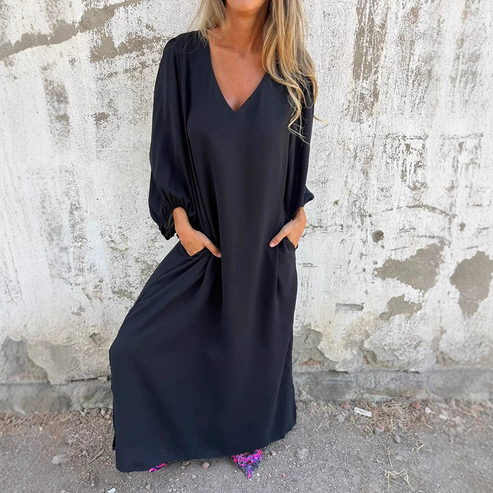 Damen Elegantes V- Ausschnitt Midikleid mit voluminösen Ärmeln Stalluxe
