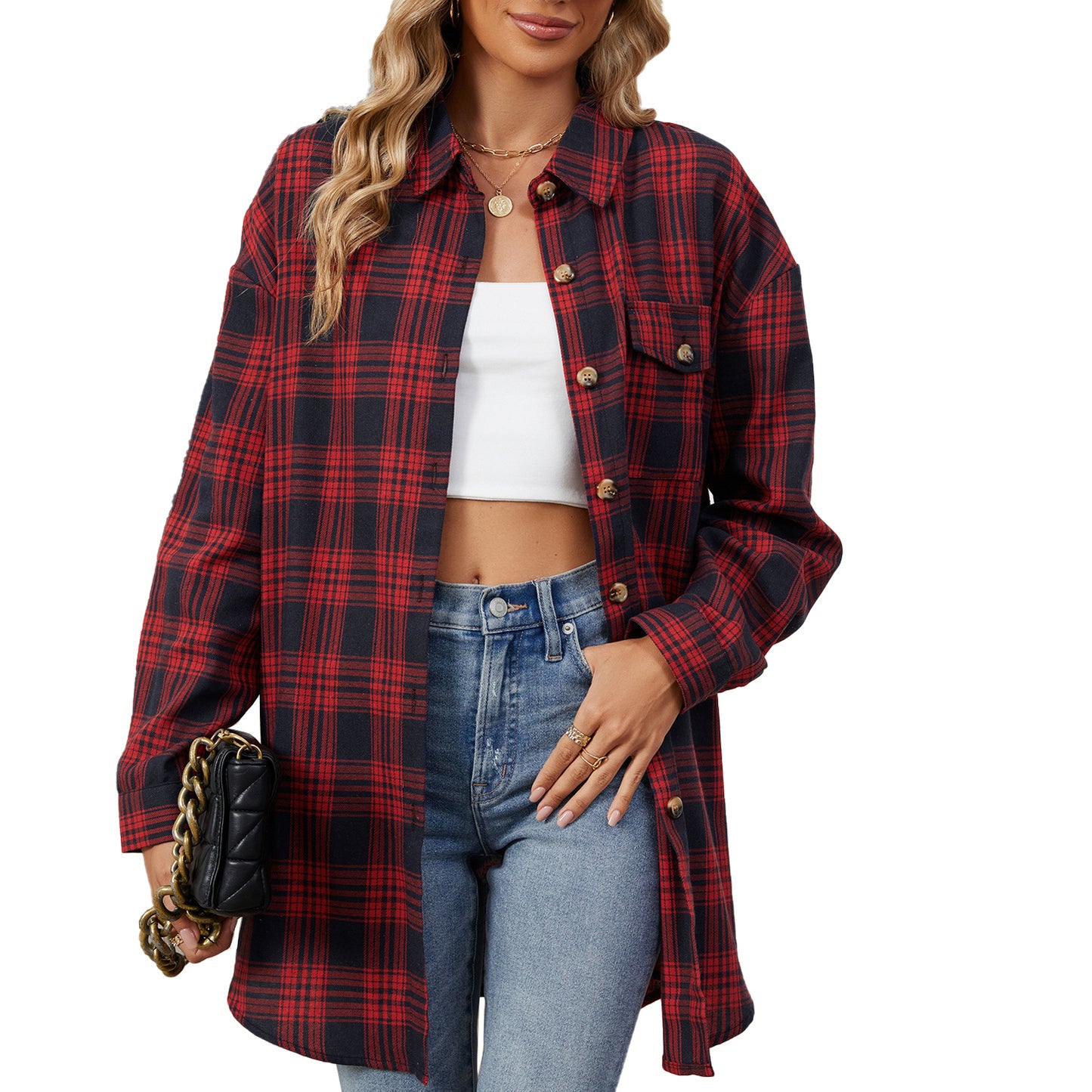 Damen Oversized Karobluse mit legerem Schnitt und Knopfdetails Stalluxe