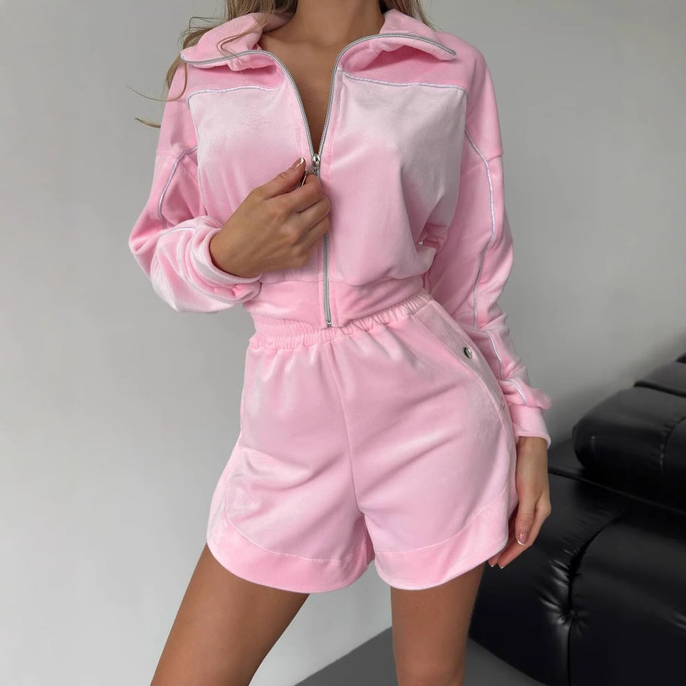 Damen sportliches Velours-Crop-Top und Shorts Set Stalluxe