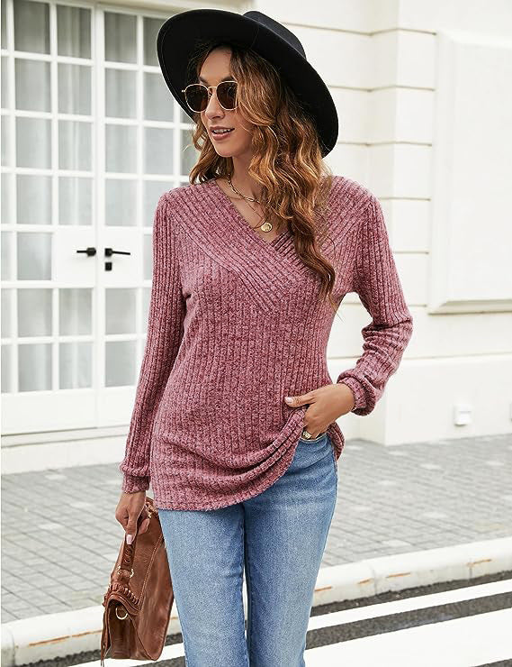 Women's Textured V-Neck Pullover Sweater Stalluxe