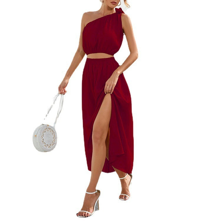 Damen Maxikleid mit einseitigem Träger und hohem Schlitz Stalluxe