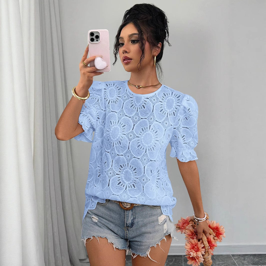 Damen Spitzenbluse mit Blumenspitze und elastischen Puffärmeln Stalluxe