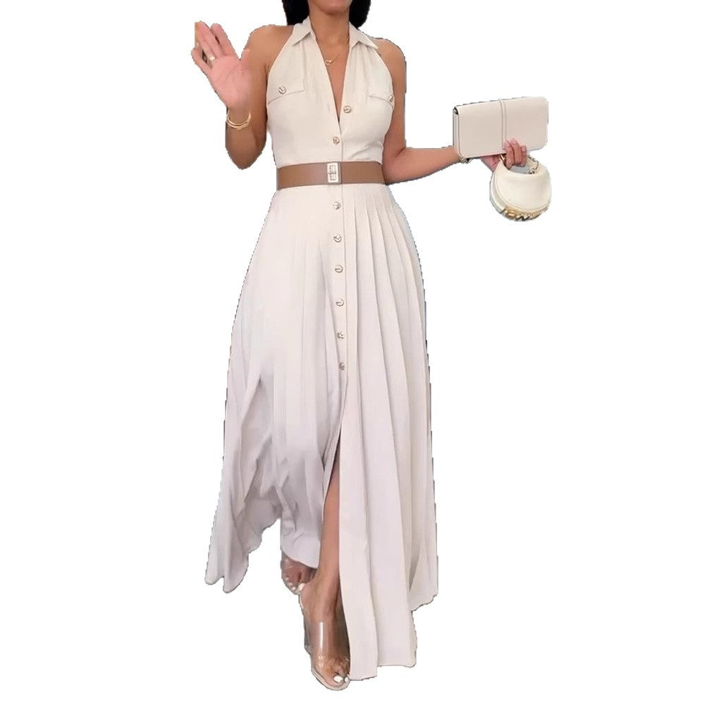 Damen Elegantes Maxikleid mit tiefem V-Ausschnitt und schmeichelndem Taillengürtel Stalluxe