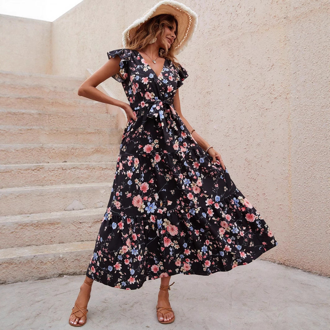 Damen Maxikleid mit floralen Volantärmeln und Taillengürtel Stalluxe