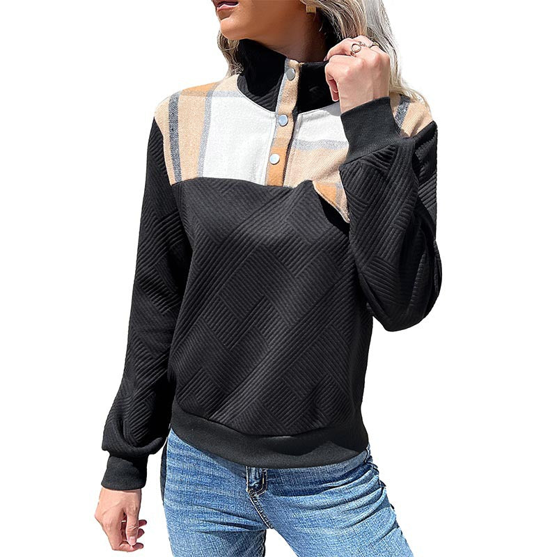 Damen bequemer Sweatshirt mit modernem Karomuster und Knopfleiste Stalluxe
