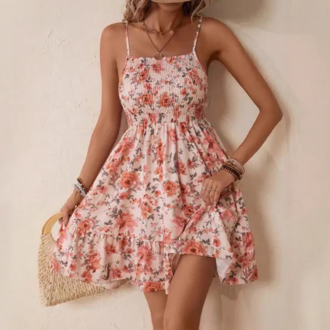 Damen Blumenkleid mit Spaghetti-Trägern und Rüschensaum Stalluxe