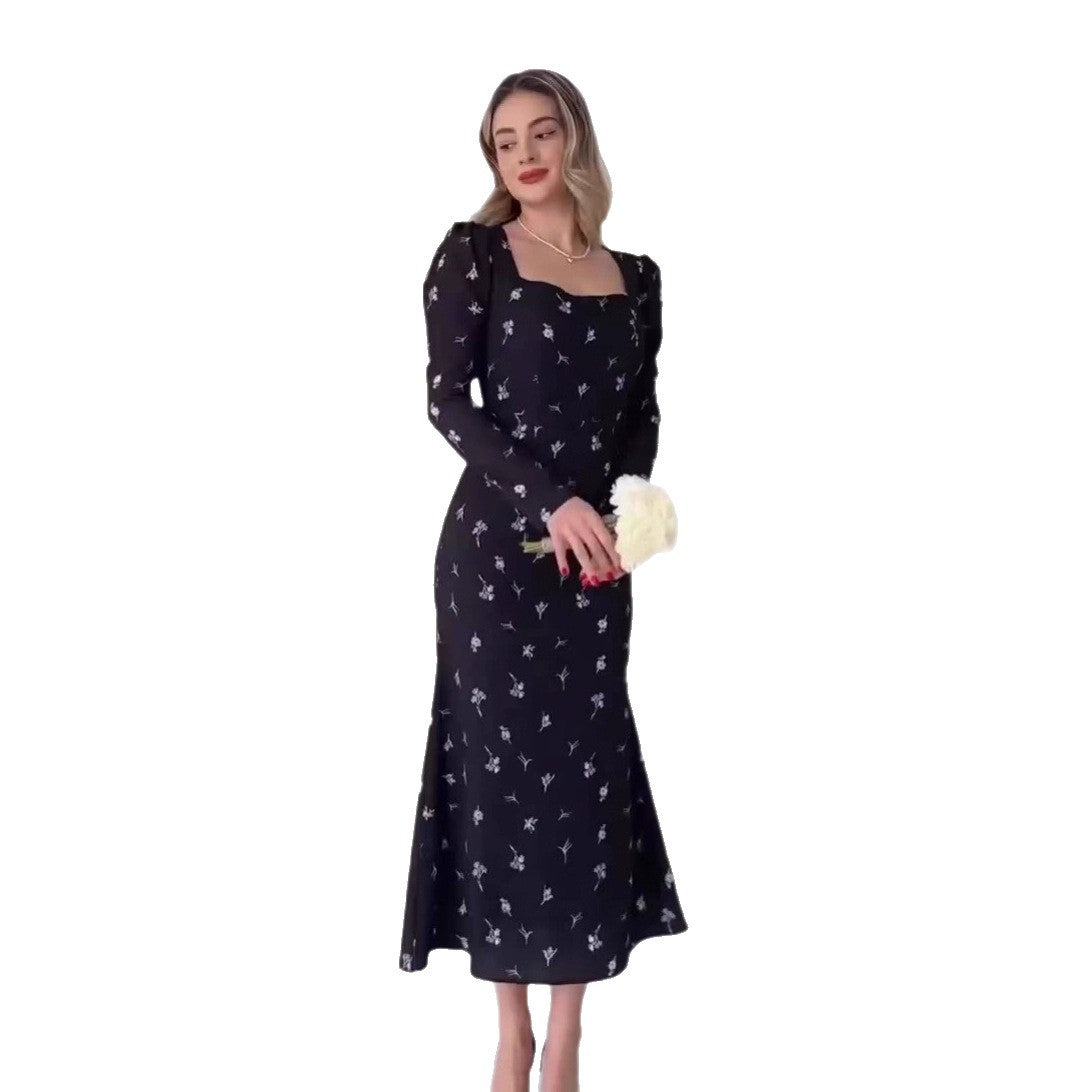 Damen Elegantes Blumen-Kleid mit langem Arm und Taillenschnitt Stalluxe