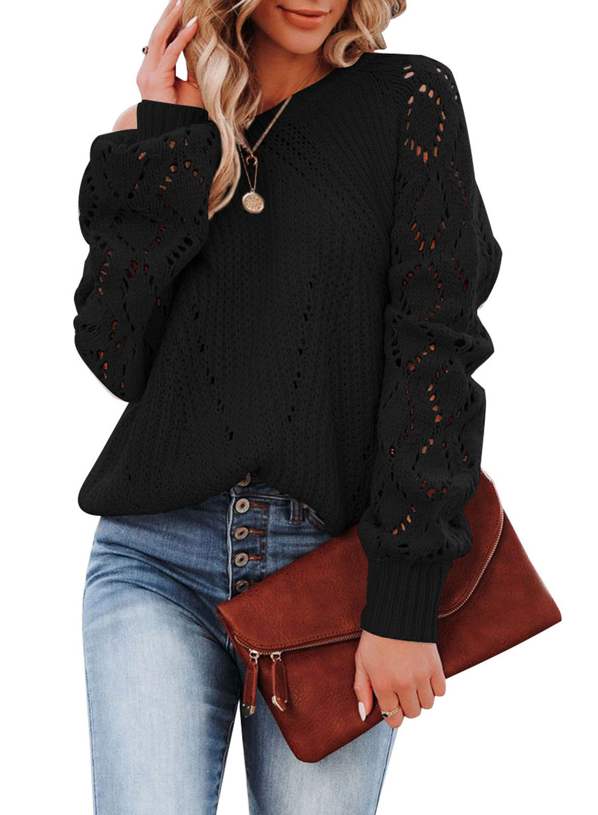 Damen Strickpullover mit Lochmuster und voluminösen Ärmeln Stalluxe