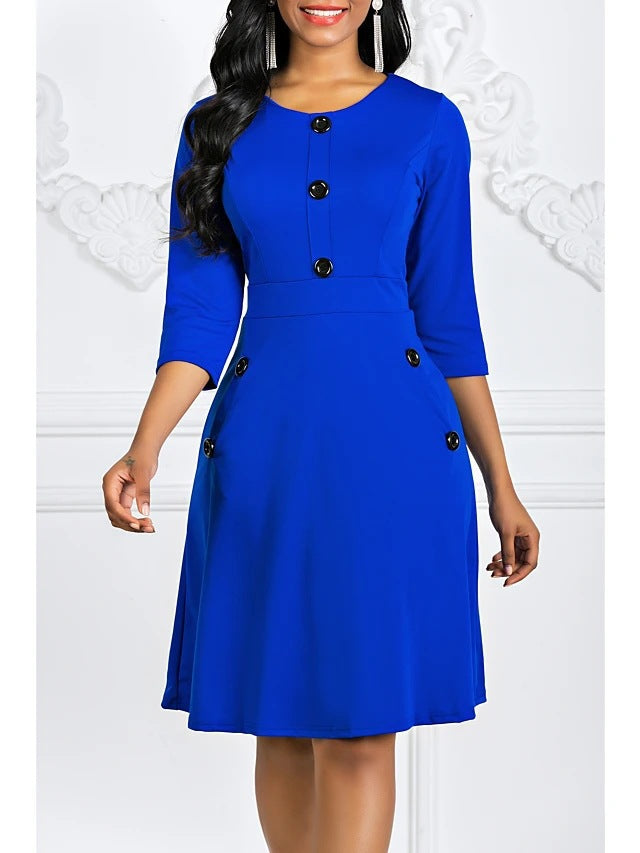 Women's Classic Three-Quarter Sleeve Button-Detail Dress Stalluxe