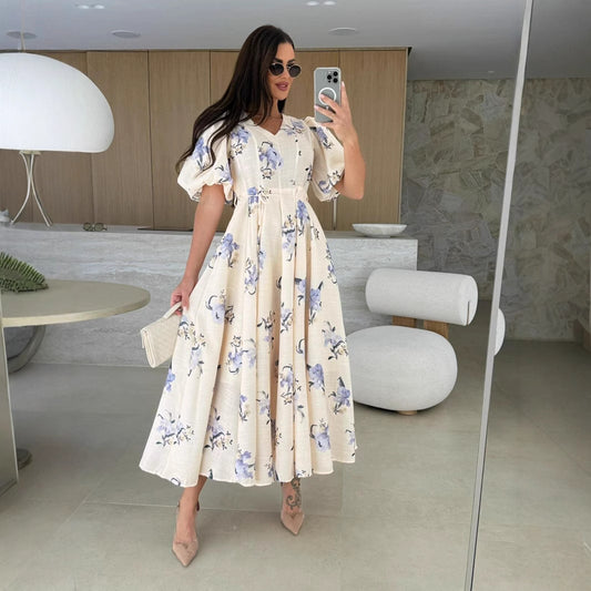 Damen Maxikleid mit elegantem V-Ausschnitt und voluminösen Puffärmeln Stalluxe