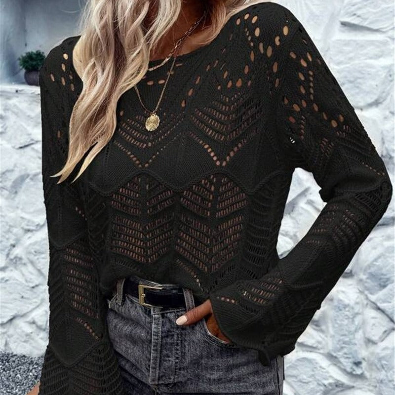 Damen Strickpullover mit filigranem Lochmuster und weitem Ärmel Stalluxe