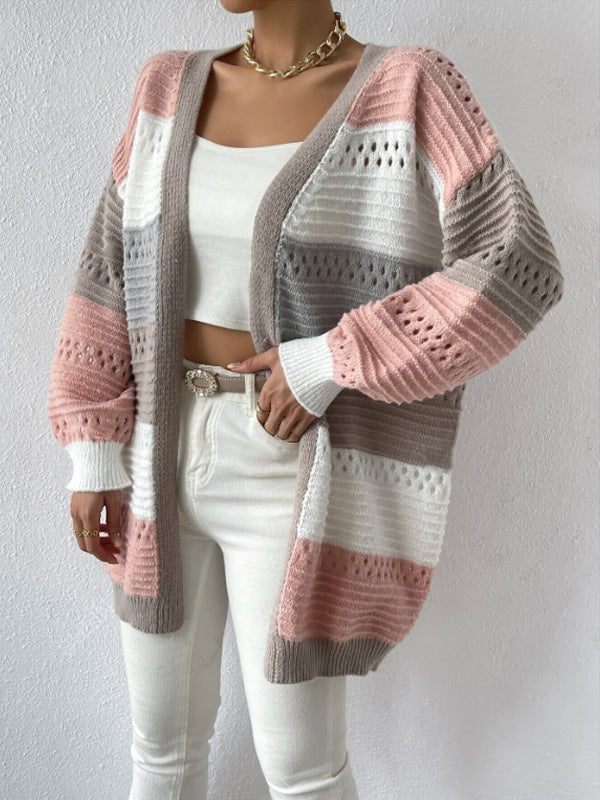 Damen Lässiger Strickcardigan mit modernen Lochmustern und farblichen Blockstreifen Stalluxe