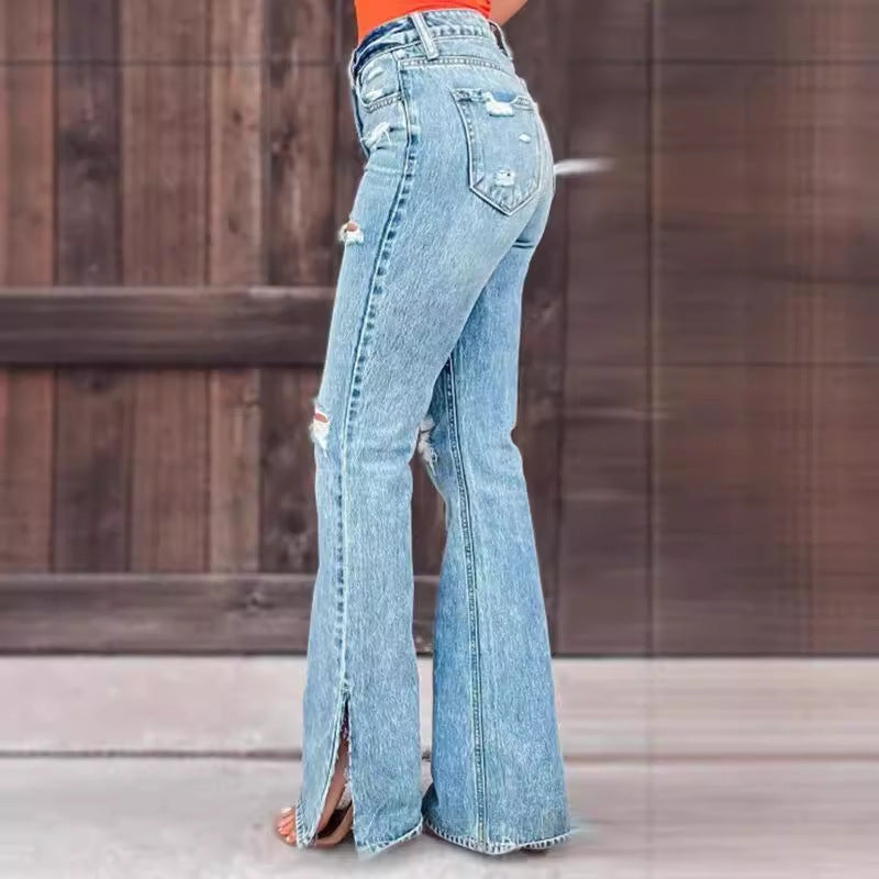 Damen Flared Jeans mit Distressed-Effekten und seitlichen Schlitzen Stalluxe