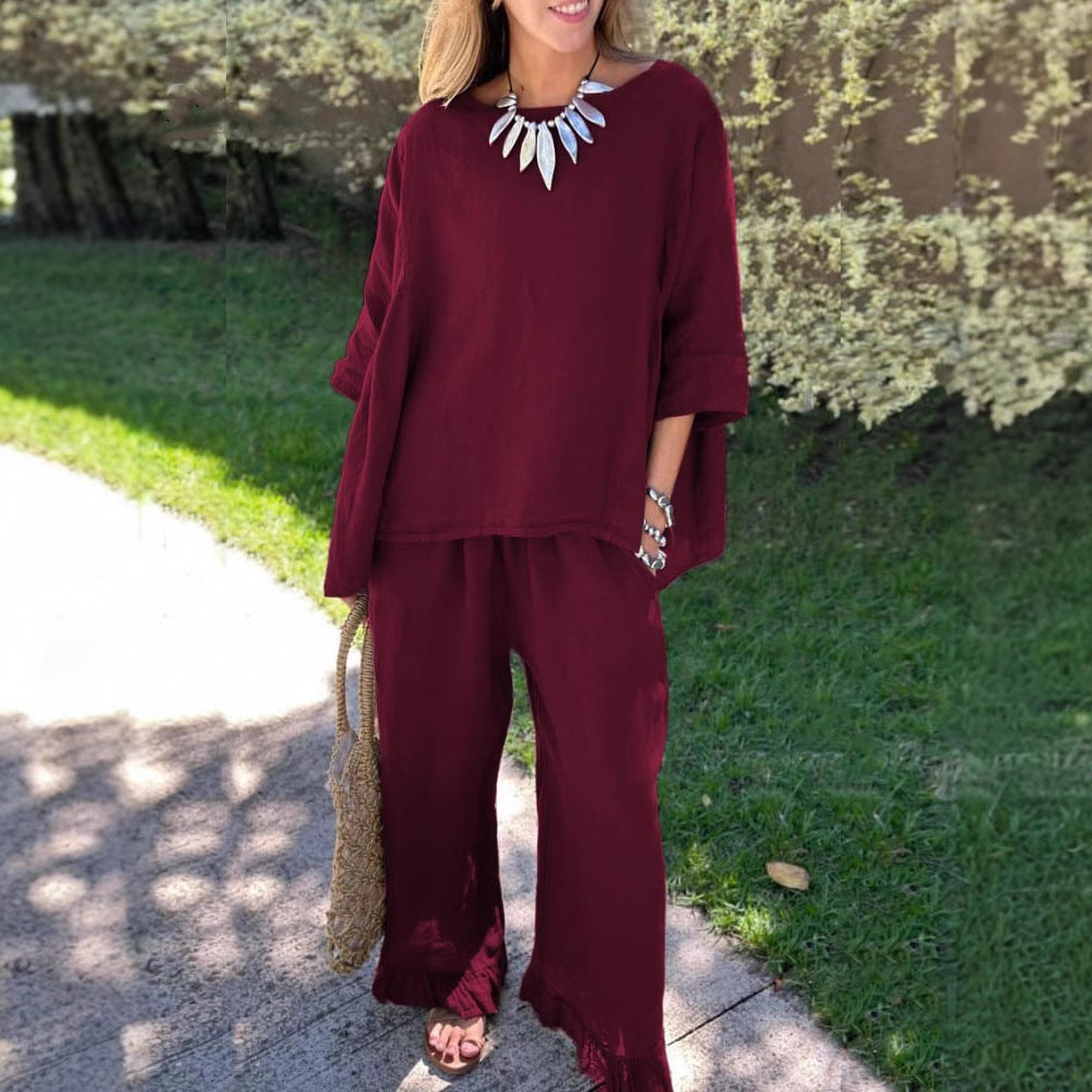 Damen lässiges Leinen-Outfit mit weitem Schnitt und angeschnittenen Ärmeln Stalluxe
