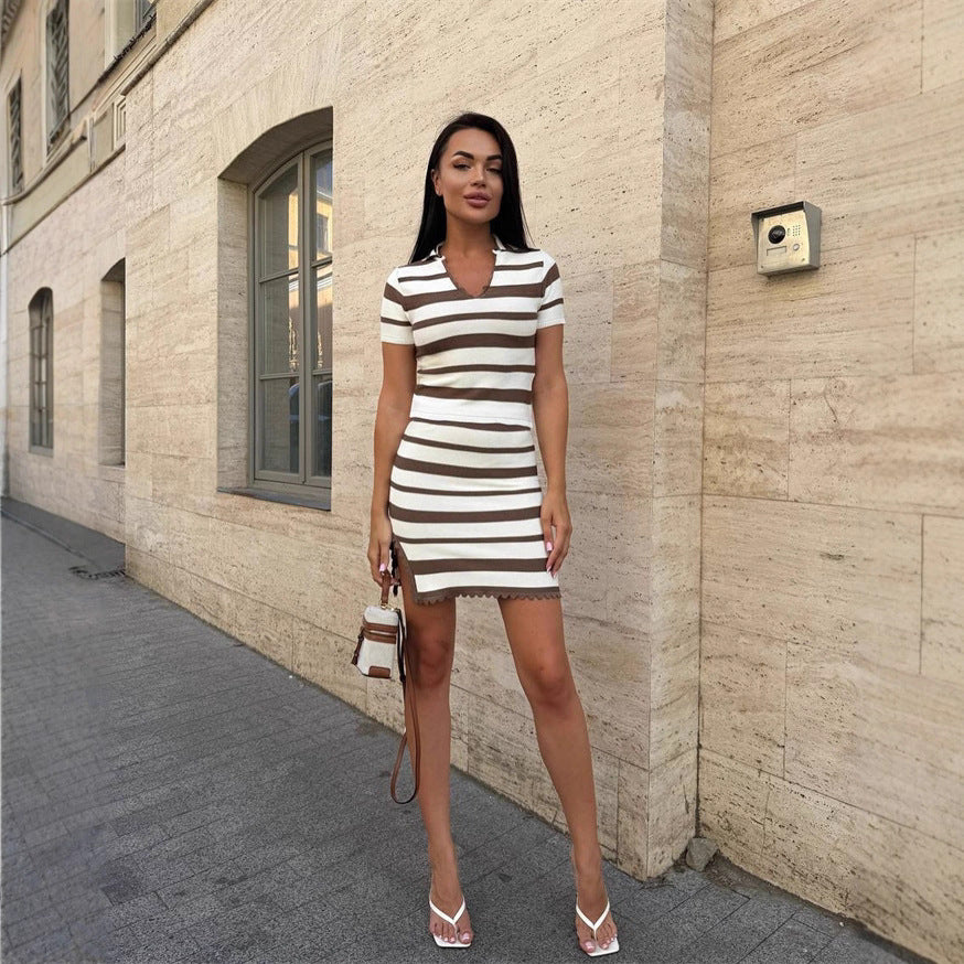Damen Streifen Kleid mit kurzem Ärmel und Rippstruktur Stalluxe